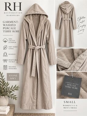 Restoration Hardware Garment-Washed Percale Terry Hooded Robe Small NWT